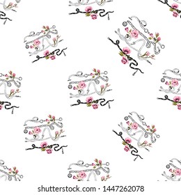 Fashion pattern with horizontal white stripes belts green pink roses. Vintage floral sketch seamless pattern on white background. Baroque fabric design. Flowers on belts, nature and art.