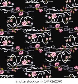 Fashion pattern with horizontal white stripes belts green pink roses. Vintage floral sketch seamless pattern on white background. Baroque fabric design. Flowers on belts, nature and art.