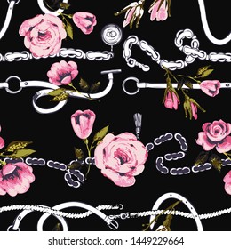 Fashion pattern with horizontal white stripes belts and roses. Flowers on belts, nature and art. Vintage floral sketch seamless pattern on black background. Baroque fabric design.