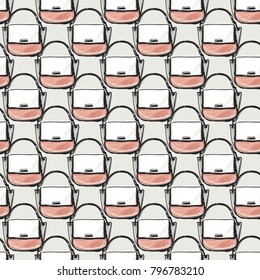 Fashion pattern with ladies handbag. Trend hand drawn fashion accessory sketch seamless pattern in vogue style. Fashionable background