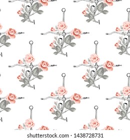 Fashion pattern with leather belt cross rope pastel gray pink roses. Vintage floral sketch seamless pattern on white background. Baroque fabric design. Flowers on belts, nature and art.