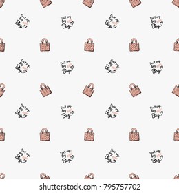 Fashion pattern with leather handbag and do not cry buy new bag lettering. Trend hand drawn fashion accessory sketch seamless pattern in vogue style. Fashionable background