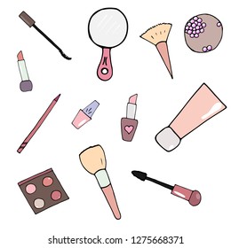 Fashion pattern with lipstick, mascara, mirror, brushes, nail polish, pencil, cream, highlighter. Hand drawn vector illustration.