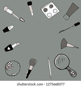 Fashion pattern with lipstick, mascara, mirror, brushes, nail polish, pencil, cream, highlighter. Hand drawn vector illustration.