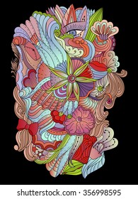 Fashion pattern on black background, doodle print