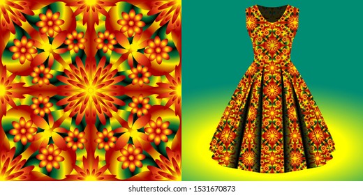Fashion pattern on female dress mockup. Golden and green scribbles on red background.