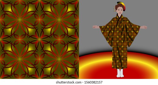 Fashion pattern on female kimono mockup