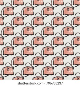 Fashion pattern with petite handbag. Trend hand drawn fashion accessory sketch seamless pattern in vogue style. Fashionable background
