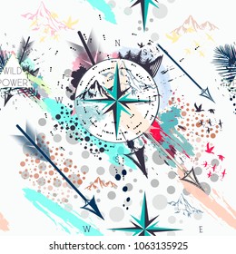 Fashion pattern print with vector boho arrows and nautical rose of wind