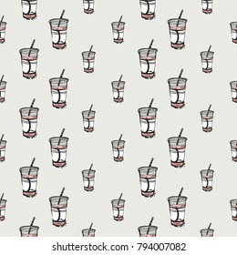 Fashion pattern with takeaway beverage. Trend hand drawn fashion accessory sketch seamless pattern in vogue style. Fashionable background