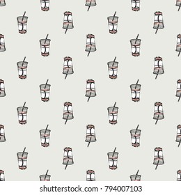 Fashion pattern with takeaway beverage. Trend hand drawn fashion accessory sketch seamless pattern in vogue style. Fashionable background