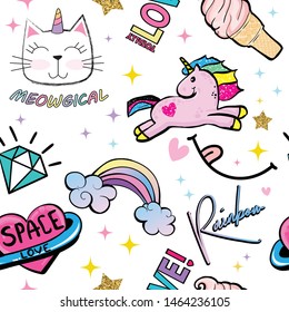  fashion pattern with unicorn, cat, icecream, rainbow .Cute hand drawn stickers  repeated backdrop for fancy textile, clothes, wrapping paper.
