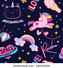  fashion pattern with unicorn, cat, icecream, rainbow .Cute hand drawn stickers  repeated backdrop for fancy textile, clothes, wrapping paper.
