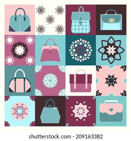 Fashion Pattern vector background of bags-squares