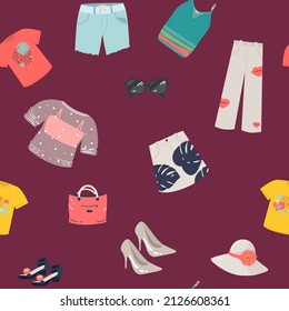 Fashion pattern. Vector seamless pattern of hand drawn fashionable lingerie for women. for packing, textile, fabric.summer women's clothing shoes, glasses, shirts, pants t-shirt, skirt, sandals, t
