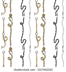 Fashion pattern with vertical stripes belts. Vector hand drawn sketch seamless pattern on white background. Fabric design for scarves and shawls.