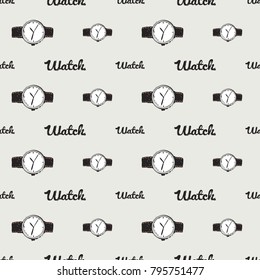 Fashion pattern with watch lettering and classic watch. Trend hand drawn fashion accessory sketch seamless pattern in vogue style. Fashionable background