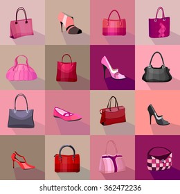 Fashion pattern with woman bags and shoes.  Template for your design, greeting cards, announcements, posters.