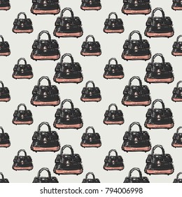 Fashion pattern with womens bag. Trend hand drawn fashion accessory sketch seamless pattern in vogue style. Fashionable background