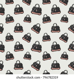 Fashion pattern with womens bag. Trend hand drawn fashion accessory sketch seamless pattern in vogue style. Fashionable background