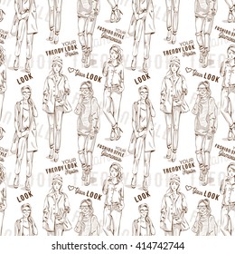 Fashion pattern with words, scetch of trendy look girls