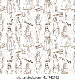 Fashion pattern with words, scetch of trendy look girls