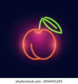 Fashion peach, neon sign. Night bright signboard, Glowing light fruit . Summer logo, emblem for Club or bar concept