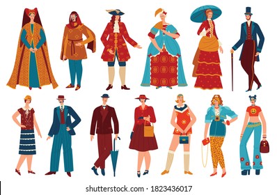 Fashion people in history vintage costume vector illustration set. Cartoon flat fashionable style evolution for man woman characters collection with historical clothing design isolated on white