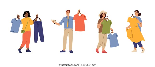 Gente de moda. La persona elige la ropa, la mujer piensa en la ropa nueva. Personajes de caricatura aislados sostienen conjunto vectorial de zapatos de vestir de camiseta