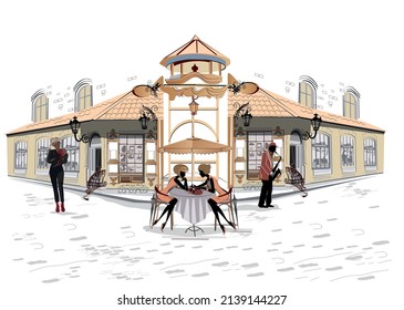 Fashion people in the restaurant. Street cafe in the old city. Girls drinking coffee at the table near the retro window. Hand drawn Vector Illustration. 