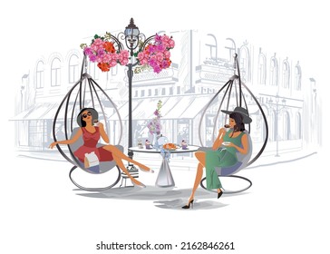 Fashion people in the restaurant. Street cafe in the old city. Girls drinking coffee at the table near the retro window. Hand drawn Vector Illustration. 