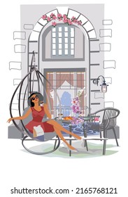 Fashion People In The Restaurant. Street Cafe In The Old City. Girls Drinking Coffee At The Table Near The Retro Window. Hand Drawn Vector Illustration. 