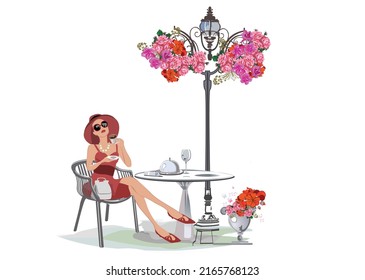 Fashion people in the restaurant. Street cafe in the old city. Girls drinking coffee at the table near the retro window. Hand drawn Vector Illustration. 