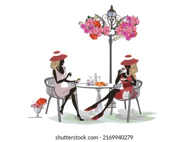 Fashion people in the restaurant. Street cafe in the old city. Girls drinking coffee at the table near the retro window. Hand drawn Vector Illustration. 