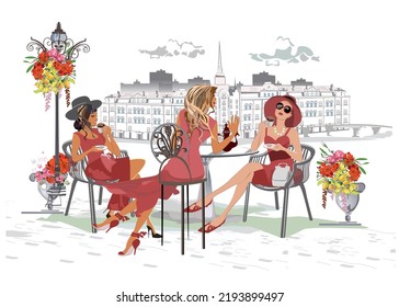 Fashion people in the restaurant. Street cafe in the old city. Girls in red dresses and hats drinking coffee at the table near the retro lantern. Hand drawn Vector Illustration. 