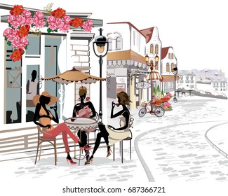 Fashion people in the street cafe. Street cafe with flowers in the old city. Hand drawn illustration.