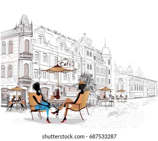 Fashion people in the street cafe. Street cafe with flowers in the old city. Hand drawn illustration.