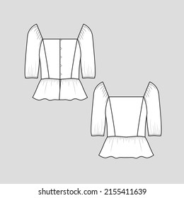 Fashion Peplum Button panel Elastic Gathering top square neck elbow sleeve gatherings hem clothing flat sketch technical drawing template design