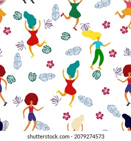 Fashion Person Excited Vector White Seamless Pattern. Funny Dancer People Template. Enjoy Teen Banner. Lifestyle Youth Club Wallpaper. Disco Friend Color Poster.