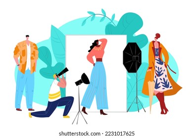 Fashion photographer, vector illustration. Professional people with camera make photography for woman character model in cartoon studio