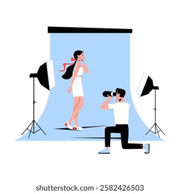 Fashion Photoshoot With Female Model in Flat Vector Illustration Symbolizing Modeling, Photography, and Editorial Style, Isolated on White Background