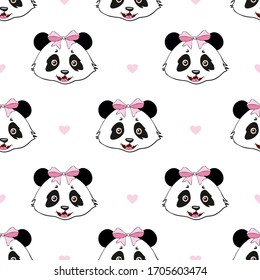 Fashion picture of a panda. Cute panda with hearts. Beautiful seamless background with panda. Trendy texture with panda. 