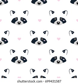 Fashion picture of a raccoon. Cute raccoon with hearts.Beautiful seamless background with raccoon. Trendy texture with raccoons. 