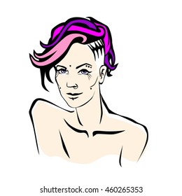 fashion piercing rebel pierced punk girl with pink purple Iroquois crazy hairstyle vector illustration white background