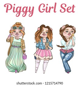 Fashion piggy girl set. 2019 year of the pig. Funny horoscope. Cute animal. Vector illustration in cartoon style.