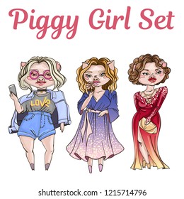 Fashion piggy girl set. 2019 year of the pig. Funny horoscope. Cute animal. Vector illustration in cartoon style.