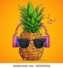 Fashion pineapple with sunglasses and headphones listens to music over yellow background