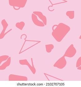 Fashion Pink Seamless Pattern. Vector seamless pattern or background with fashion elements, bags, kisses, hearts, shoes