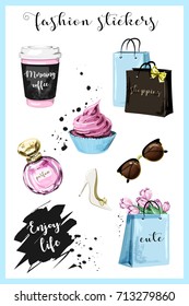 Fashion planner girl stickers with coffee cup, shopping bags, perfume, shoe, sunglasses, flowers, cupcake and slogan sticker. Sketch. Cute stickers for girls.