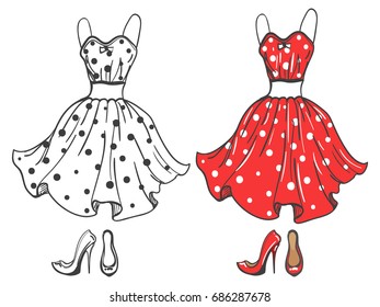 Fashion polka dot dress and shoes. Vector dress sketch and cartoon style
